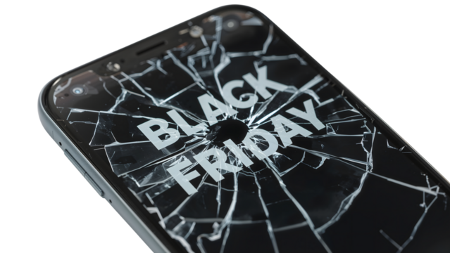 Shattered smartphone screen displaying black friday message: discounts come with consequences