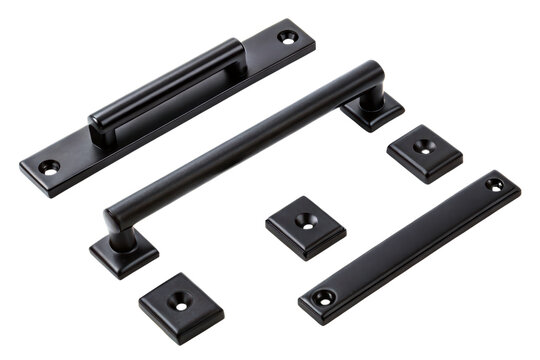 Collection of black minimalist door and cabinet hardware isolated with transparent background