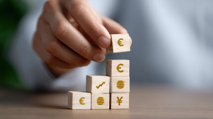 Hands stacking wooden blocks with financial symbols to form a growing tower. Investment, stability. Conceptual.