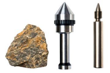 Stone ore sample with metal lathe center and probe tool isolated with transparent background
