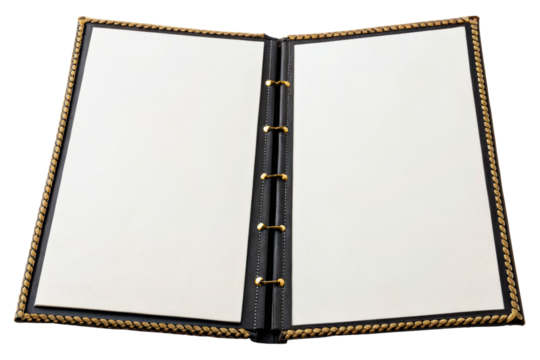 Black leather style menu cover with braided trim and blank pages isolated with transparent background