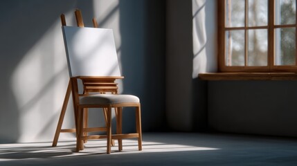 Minimalist art studio with a single easel and canvas, bathed in soft window light. Calm, inspiring, creative space.