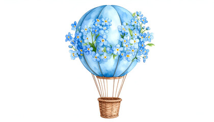 Blue Watercolor Hot Air Balloon with Floral Accents in Sky