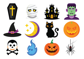 Vector art of a variety of eerie halloween symbols featuring pumpkins, skulls, castles, and monsters