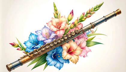 Elegant Flute Surrounded by Vibrant Floral Arrangement Design