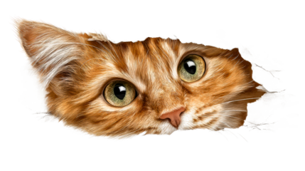 Curious ginger cat peeks through a wall hole with big eyes