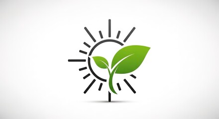 Obraz premium Green leaves sprout in front of a stylized sun on a white background.