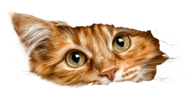 Curious ginger cat peeks through a wall hole with big eyes