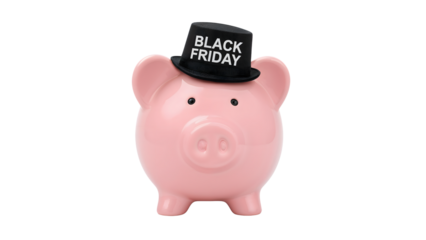 Black friday piggy bank with hat: savings concept for holiday deals and discounts