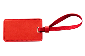 Blank red leather-style luggage tag with strap for travel ID isolated with transparent background