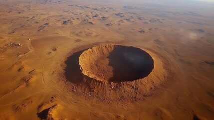 Aerial View of an Impressive Crater in a Rocky Desert Landscape