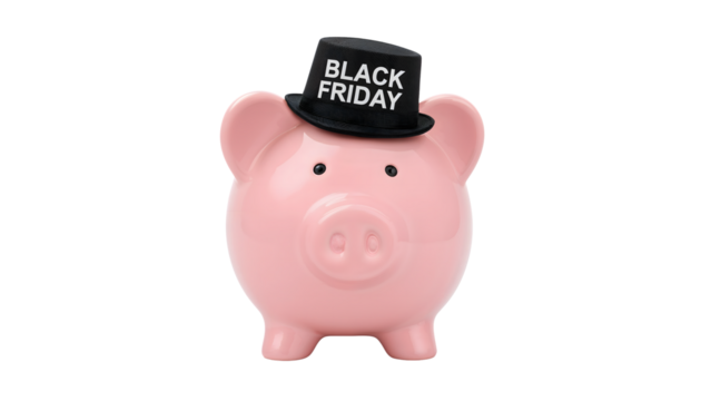Black friday piggy bank with hat: savings concept for holiday deals and discounts