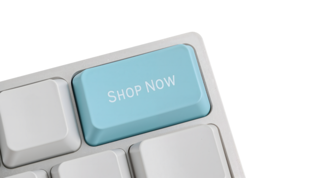 Blue shop now key on keyboard highlighting online shopping experience