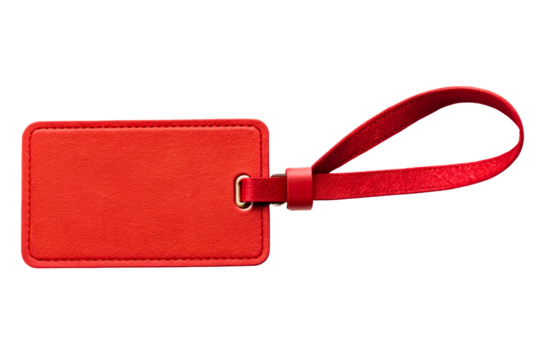 Blank red leather-style luggage tag with strap for travel ID isolated with transparent background - Powered by Adobe