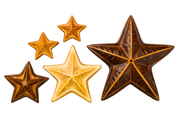 Obraz premium Collection of rustic metal stars with gold and bronze finishes isolated with transparent background