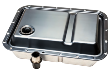 New automatic transmission fluid pan with filter automotive parts isolated with transparent background