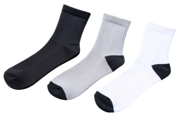 Set of three classic athletic crew socks isolated with transparent background