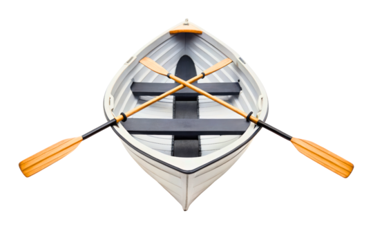 Classic white rowboat with crossed wooden oars isolated with transparent background
