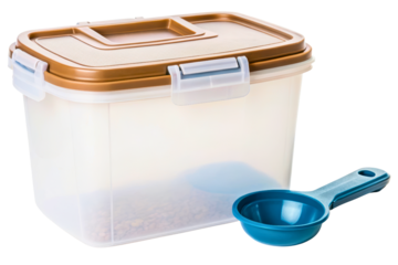 Clear pet food storage container with airtight lid and scoop isolated with transparent background