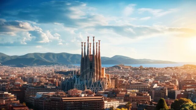 Aerial view of a cityscape with iconic architecture under a vibrant sky. Ideal for travel video content showcasing urban beauty and culture. Live desktop wallpaper.