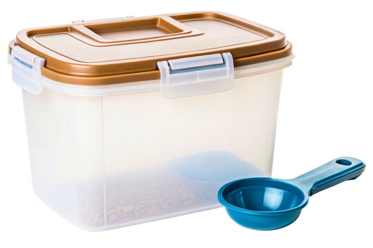 Clear pet food storage container with airtight lid and scoop isolated with transparent background