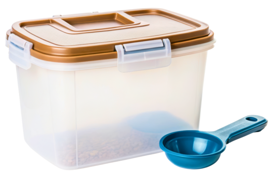 Clear pet food storage container with airtight lid and scoop isolated with transparent background