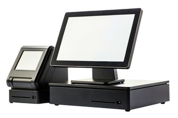 Modern point of sale system with touch screen and cash drawer isolated with transparent background