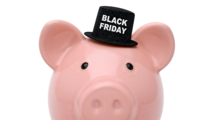 Piggy bank with black friday hat: symbol of savings and shopping deals