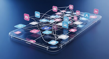 Smartphone connected to various social media and application icons showing digital transformation and mobile technology advancements on blue background