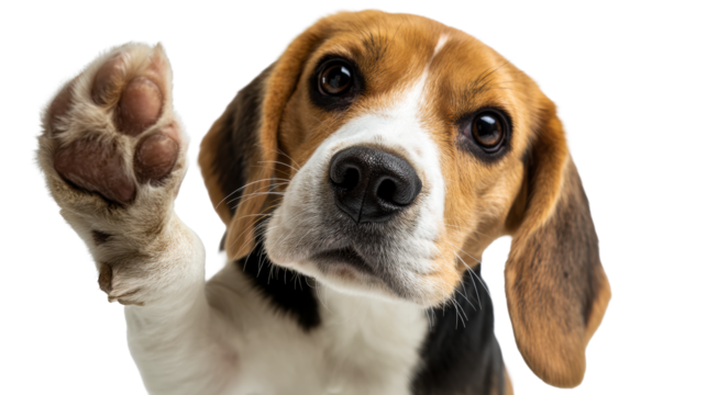Friendly beagle dog waving its paw on a transparent background
