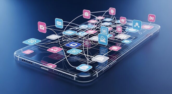 Smartphone connected to various social media and application icons showing digital transformation and mobile technology advancements on blue background