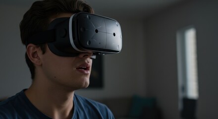 Young man wearing a virtual reality headset indoors
