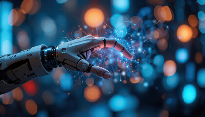 A robotic arm reaching out towards a network of glowing particles