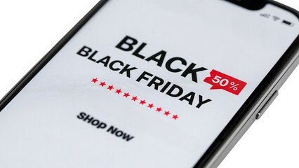 Black friday sale on smartphone screen displaying 50 discount offer and shop now prompt