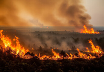 Massive forest fire blazing through pine trees at dusk