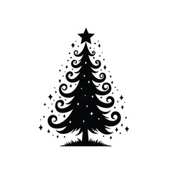 Black Christmas tree with star and sparkling ornaments black silhouette sparkles