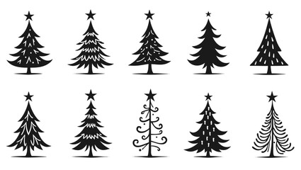 Obraz premium Black silhouettes of decorated evergreen trees with stars christmas tree decoration