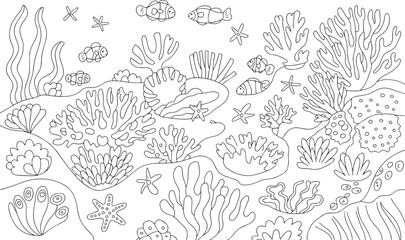 Tropical Underwater Scene with Coral Reef and Marine Life – Flat Vector Illustration