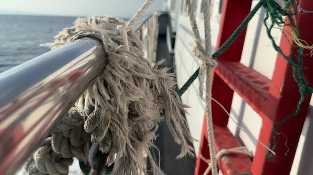 Nautical rope and knot on ship railing with ocean and red ladder background, maritime travel concept, sea wind, adventure at sea