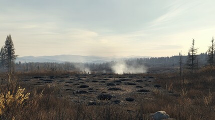 Barren Landscape with Smoke and Craters from a Recent Fire