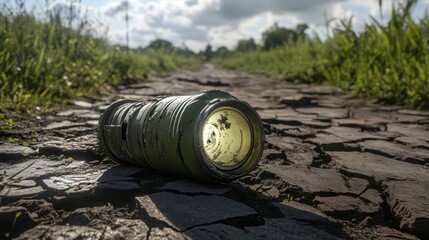 Abandoned Green Flashlight on Cracked Ground Under Cloudy Sky