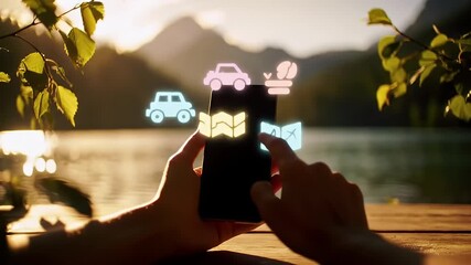 Hands holding a smartphone with travel icons displayed above it, suggesting planning a trip near a lake and mountains. - Powered by Adobe