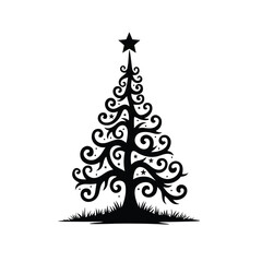 Ornate Black Christmas Tree with Star and Stars white