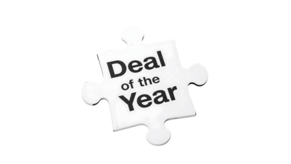 Deal of the year puzzle piece: business success and achievement concept