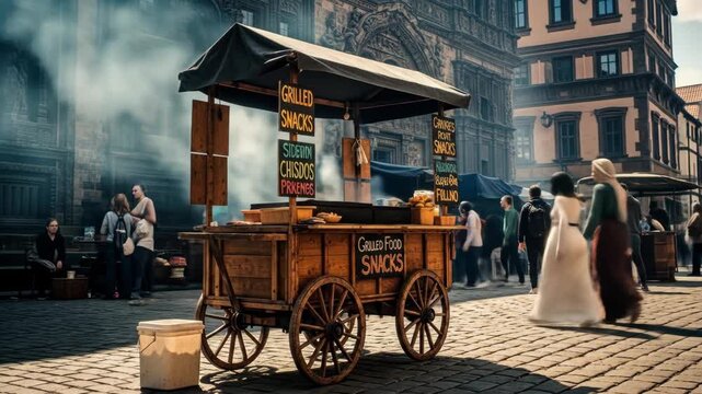 Bustling street market with vintage snack cart in urban setting