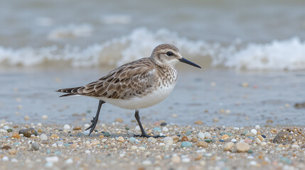 Adult Sanderling in alternate summer plumage roosting on the seashore