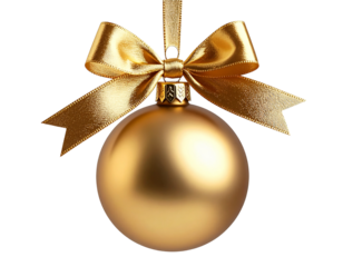 3D Hanging Gold Christmas Ornament Ball with Ribbon, Side Angle, Isolated PNG