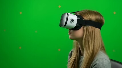 Person wearing virtual reality headset against green screen - Powered by Adobe