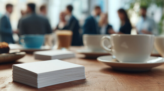 Networking event with business cards and coffee, casual atmosphere