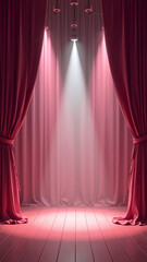 empty 3d room background template of a theater stage spotlights and dark pink and white curtains